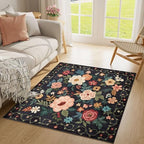 DUKINO 4x4 Square Area Rug, Soft Floral Washable Rug for Entryway, Black - Image 4
