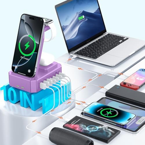 300W Charging Station for Multiple Devices Apple, Zutspzss 10 in 1 Wireless Charger for iPhone 16, GaN III USB C 65W PD Fast Charging Stand Dock for MacBook, Apple Watch&Airpods,Purple - Image 3
