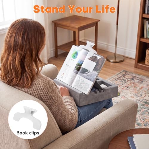 KDD Book Stand for Reading with Storage and Book Clip, Multi-Angle Adjustable Tablet Pillow Holder for Lap, Bed, Desk and Couch, Foldable iPad Holder with Organizer for Book,Tablet, E-Reader (4.7-15") - Image 2