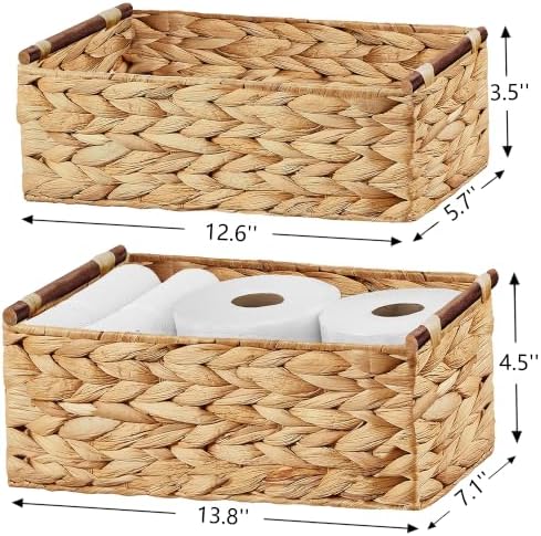 Vagusicc Wicker Storage Basket, Set of 2 Hand-Woven Water Hyacinth Wicker Basket for Organizing with Handle Decorative Storage Bins for Counter Pantry Shelves Toilet Paper Basket for Toilet Tank Top - Image 3