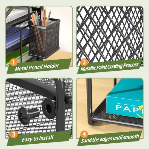 7 Tier Desk File Organizer, Black Metal Letter Tray Paper Organizer with Pull-Out Drawer, Removable Pen Holder & Hanging Basket, Vertical Desktop File Holder for Home Office, Classroom - Image 5