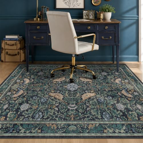 JTJ 5x6 Office Rug, Blue Botanical, Washable Non Slip by JTJ