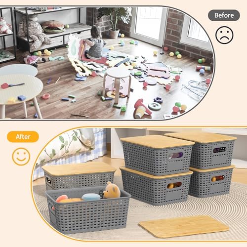 6 Pack Plastic Storage Baskets,Gray bamboo lid storage Box - Image 5