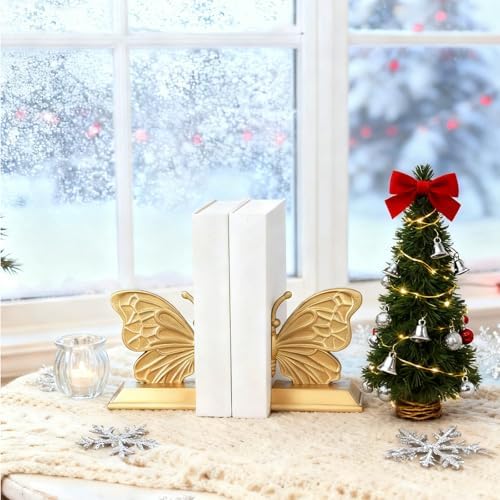 Kathfly Decorative Butterfly Bookends, Vintage Butterfly Book Ends, Resin Gold Bookends for Shelves, Heavy Duty Book Stopper for Desk Home Office, Shelf Decoration - Image 2