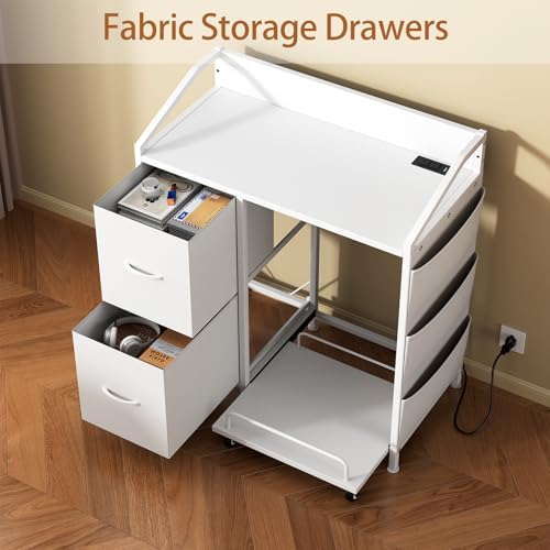 Printer Stand with Fabric Drawers, Lateral Office Filing Cabinets with Power outlets & USB Charging Port, File Cabinet with Large Printer Stands for Home Office, Shredder Stand Rack (White) - Image 7