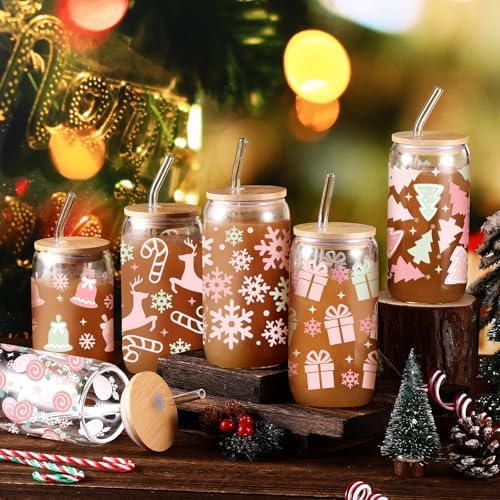 6 Pcs Christmas Glass Cup Bulk with Straw and Bamboo Lids 16 oz - Image 2
