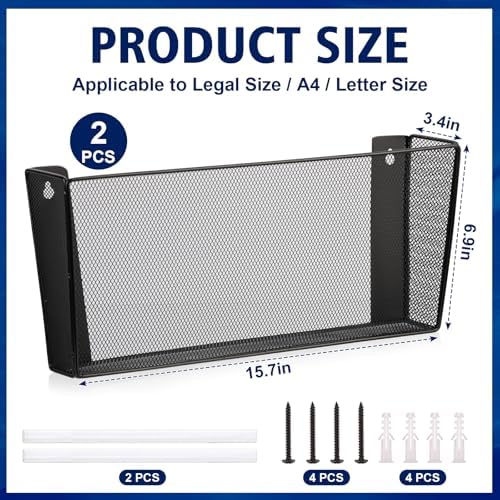 2 Pack Single Pocket Wall File Holder Legal Size Metal Mesh Hanging File Folder Paper Organizer Black Wall Mounted Mail Organizer Magazine Rack for Office Home School 15.7" L x6.9 Wx3.4 H - Image 2