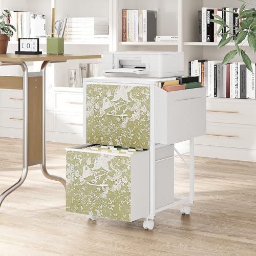 VINGLI 2 Drawer File Cabinet with Side Bag, Rolling File Cabinet Mobile Under Desk File Cabinet with Wheels, Fabric Drawers Printer Stand for Home Office, Fits Letter Size, White Green - Image 2