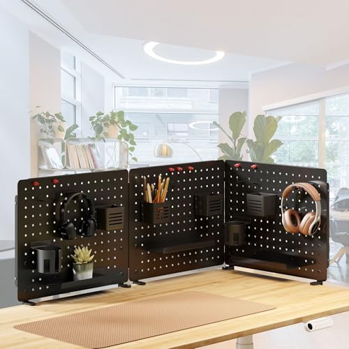 Kantek Pegboard Desktop Organizer & Accessories, Sits, Hangs or Clamps to Tables, 20.58” X 17” Black Steel Privacy Panel, Cup Holder, Pen Cup, Headphone Holder, Tray, Magnets, Easy Install - Image 4