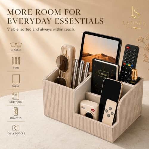Pen Holder for Desk, 4-Compartment PU Leather Desk Organizer, Beige - Image 3