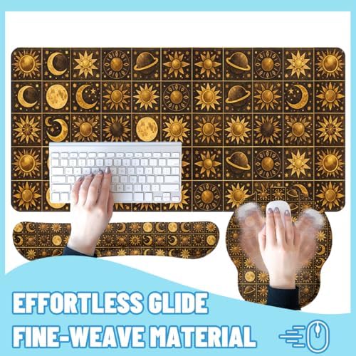 Boho Celestial Desk Mat Set Sun Moon Star Vintage Astrology Mouse Pad with Wrist Rest 4in1 Desk Mat for Desktop Ergonomic Keyboard Wrist Support Anti-Slip Computer Mouse Pad Home Office Gaming - Image 4