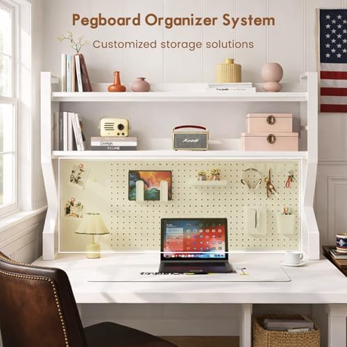 Lefedrasticity 3 Tier Desktop Bookshelf with Pegboard Desktop Organizer Shelf for Dorm Heavy-Duty Desk Shelf Organizer Desk Bookshelf for Office Dorm Room Gaming Desks (White, 45.3" L) - Image 4