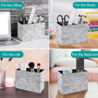 PU Leather Multi-Compartment Pen Holder Desktop Organizer Pencil Cup Storage Caddy for Office Home Supplies with Decorative Ornamental Floral Elements - Image 4
