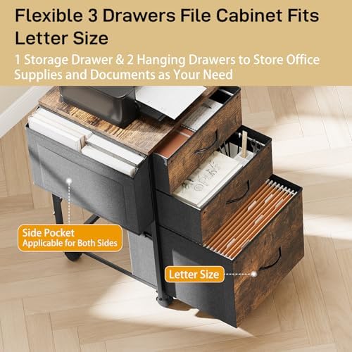 VINGLI 3 Drawer File Cabinet with Side Bag, Rolling File Cabinet Mobile Under Desk File Cabinet with Wheels, Fabric Drawers Printer Stand for Home Office, Fits Letter Size, Rustic Brown - Image 4