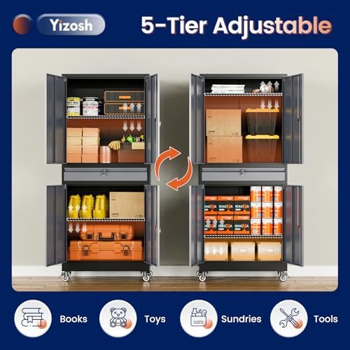 Yizosh Metal Garage Storage Cabinet with Locking Doors and Adjustable Shelves, -73" Steel Rolling Tool Storage Cabinet with 4 Wheels and 1 Drawer for Garage,Office,Warehouse - Image 5