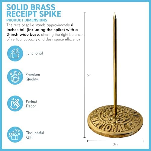 Solid Brass Vintage Receipt Spike – Heavy Duty Bill Fork Holder, Classic Paper Spike for Restaurant, Office, Home – Retro Paperweight & Memo Organizer - Image 7