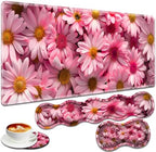 Large Gaming Mouse Pad + Keyboard Wrist Rest + Wrist Support + Coaster Set, Memory Foam Ergonomic for Easy Typing, XXL Extended Gaming Mouse Pad Table Pad - Pink Daisy by VSHSEEOM