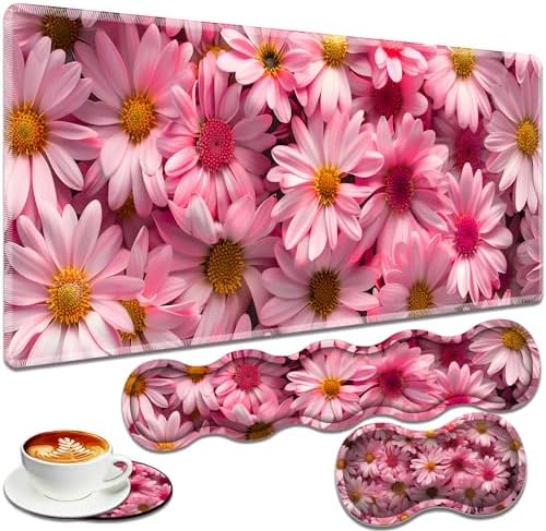 Large Gaming Mouse Pad + Keyboard Wrist Rest + Wrist Support + Coaster Set, Memory Foam Ergonomic for Easy Typing, XXL Extended Gaming Mouse Pad Table Pad - Pink Daisy by VSHSEEOM