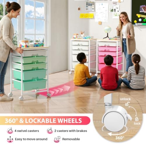 Goovilla Rolling Cart with 5 Drawers for Craft, Art, Dorm, Office, Pink - Image 5