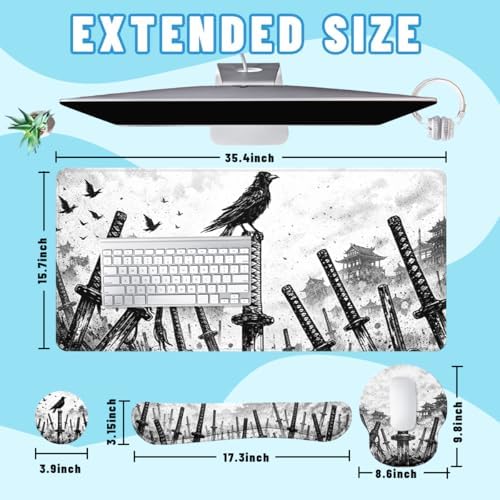 Samurai Swords Desk Mat Set Dark Warrior Art Large Mouse Pad with Wrist Rest 4in1 Desk Mat for Desktop Ergonomic Computer Desk Arm Wrist Anti-Slip Computer Ergonomic Mouse Pad Home Office Gaming - Image 2