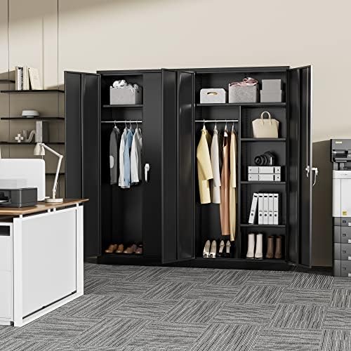 Greenvelly Metal Storage Wardrobe with 2 Doors, Black 72” Steel Storage Wardrobe Cabinet, Employees Locker Closet Clothing Coat Steel Wardrobe Cabinet with Hanging Rod for Garage, Gym, Home Office - Image 2
