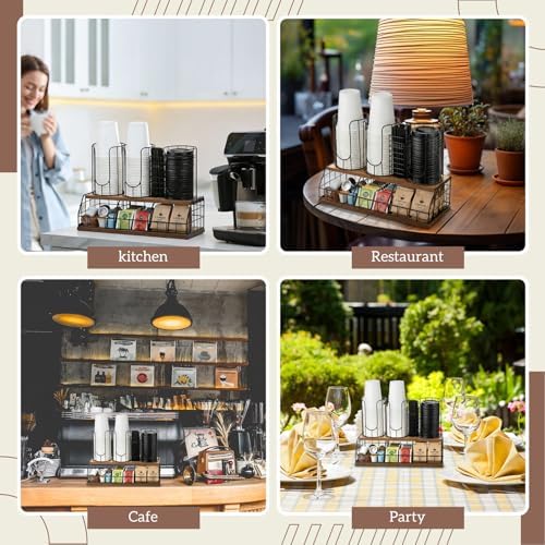 Geelin 18oz Adjustable Coffee Cup Dispenser with Wooden Base, Cup and Lid Holder, Cups Holder Organizer for Coffee Pod Straw and Lid Storage(4-compartment Double,Color 1) - Image 5