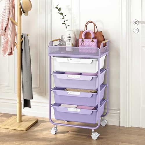 SYKIARIOL 4-Drawer Rolling Storage Cart with Mesh Top,Purple - Image 5