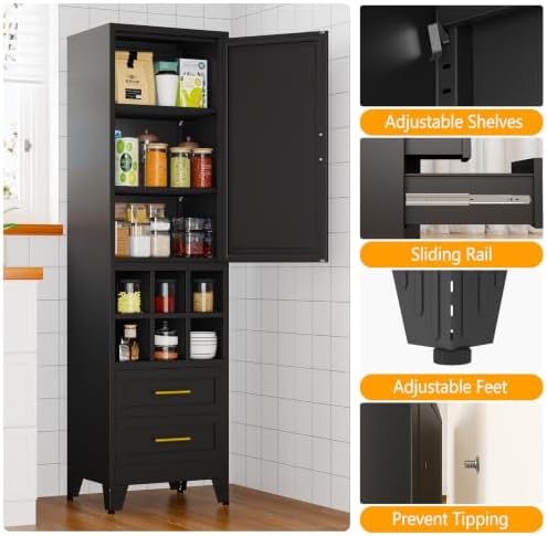 Ckzbx Tall Narrow Storage Cabinet, 66.93" H Tall Bathroom Cabinet Metal Pantry Cabinets with Hollowed-Out, 3 Adjustable Shelves, for Kitchen, Bathroom, Home Office, Living Room (Black) - Image 3