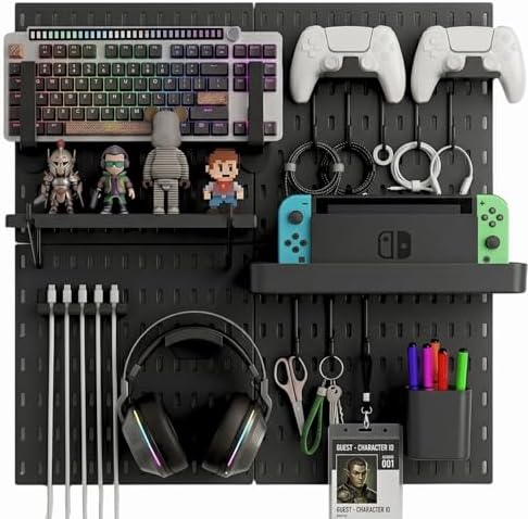 Keepo Peg Board Wall Organizer for Gaming Setup, Pegboard with Adhesives & Screw Mounts, Includes Peg Board Accessories for Gaming Accessories, Tech Storage & Office Organization (Black, 22″×22″) by Keepo