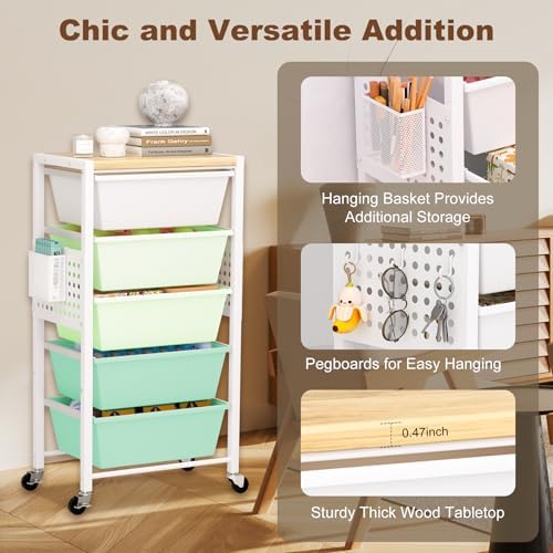 Rolling Cart with Drawers, Rolling Storage Cart with Large Plastic Drawers & Wooden Tabletop, Utility Cart with Pegboards & Basket, Storage Drawers Cart for Living Room, Classroom, Bedroom, Office - Image 5