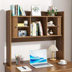 Mid Century Modern Desktop Bookshelf, 36 x 32 Inch Fluted Desk Hutch Storage with 2 Doors, Wooden Desk Shelf Organizer for Laptop, Desktop Shelf for Dorm, Study, Office, Walnut, Brown - Image 6