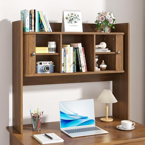 Mid Century Modern Desktop Bookshelf, 36 x 32 Inch Fluted Desk Hutch Storage with 2 Doors, Wooden Desk Shelf Organizer for Laptop, Desktop Shelf for Dorm, Study, Office, Walnut, Brown - Image 6