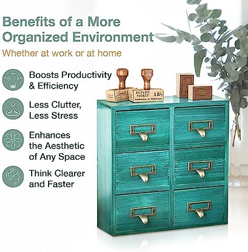 Vintage Card Catalog Drawers for Desktop - 6-Drawer Mini Wood Cabinet - Teal Turquoise Organizer, Fully Assembled - Image 5
