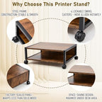 Zonon 2 Tier Printer Stand Under Desk with Wheels, Open Shelf Style, Brown - Image 4