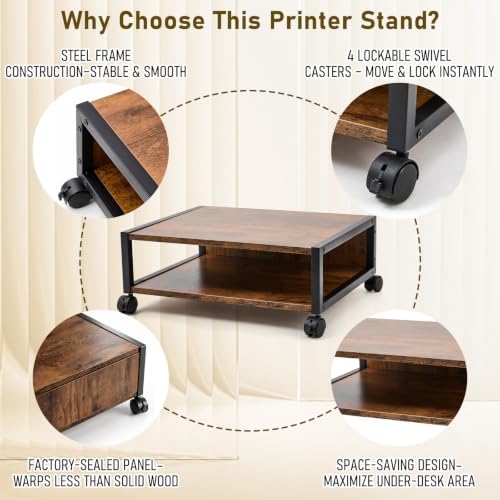 Zonon 2 Tier Printer Stand Under Desk with Wheels, Open Shelf Style, Brown - Image 4