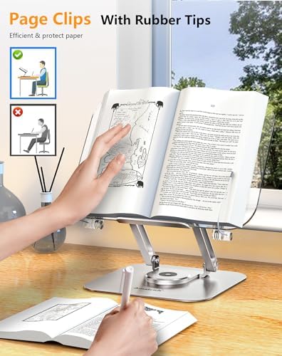 ACIsland Acrylic Book Stand for Reading-Adjustable Holder with 360° Rotating Base & Page Clips- Foldable Desktop Ricer for displaying Cookbook-Sheet Music-Laptop-Recipe-Textbook-Hands Free-Aluminium - Image 2