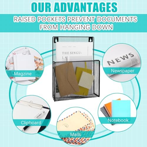 AmazingSpark 2 Pcs 12 Inch Metal Wall Magazine Holder High Pocket Mesh Hanging File Organizer Wall Mounted Storage Rack with Screws for Magazines Documents File for Office Home Organization(2.4 Inch) - Image 3