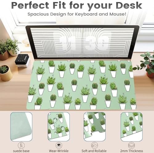 Cactus & Succulent Office Desk Mat 31.5" x 15.7" Desktop Mat PU Leather Large Mouse Pad White Mousepad Non-Slip Table Mat for Girls, Women, Home, Work, Computer, and Gaming - Image 3