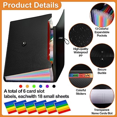 Patelai 6 Pack File Folder Organizer 13 Pocket Expanding File Folder A4 Letter Size Paper Document Receipt Organizer with Labels and Colored Inside Pages for Classroom, Home, Office and Travel, Black - Image 3