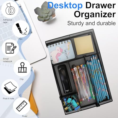 Desk Drawer Organizer, 2 Pack Junk Drawer Organizer Tray with 2 Adjustable Compartments, Desktop Metal Mesh Office Desk Organizer, Multifunction Pen Organizer Set for Office School Makeup Supplies (2) - Image 4