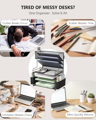 WALI Desk File Organizer, 7 Tier Desktop Paper Letter Tray Organizer with Drawer and 3 Pen Holders, Office Desk Accessories & Workspace Organizers for Office, Home, School Supplies, 1 Pack, Black - Image 2