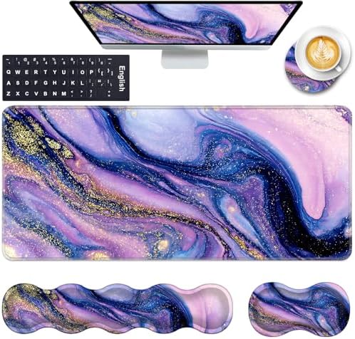 Keyboard Wrist Rest and Mouse Pad with Wrist Support Set Ergonomic Coaster,Memory Foam,Easy Typing Pain Relief,Large XL Desk Mat 31.5"x 11.8",Purple Marble by CICPLKSE