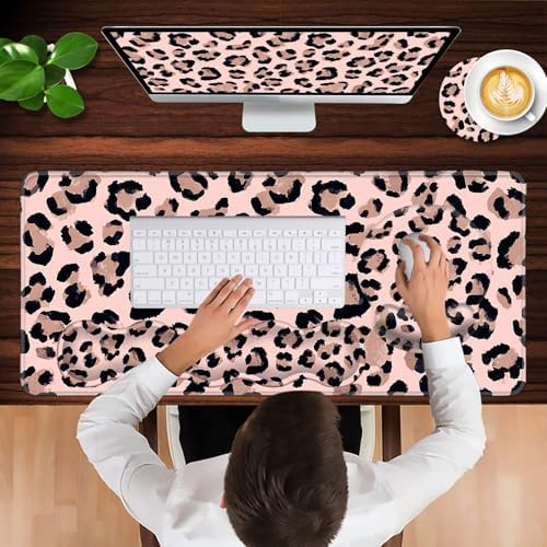 Mouse Pad,Large Pink Desk Mat, 4in1 XXL Mousepad + Keyboard Wrist Rest+Mouse Wrist Rest+Coaster Set with Ergonomic Desk Pad for Home Office Table Computer-Cute Leopard - Image 4