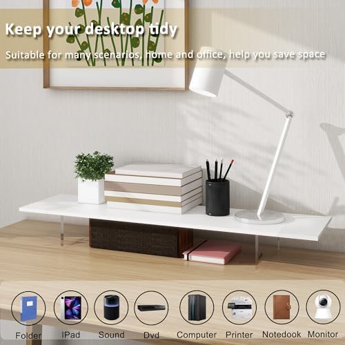 Monitor Stand Riser,Wood & Acrylic Computer Monitor Stand with LED Light,Desk Accessories Desktop Organizer Stand for Computer,Laptop,Printer,PC & TV Screen Riser… (All White) - Image 3