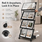 Foldable Magazine Display Racks, 4 Pockets Brochure Display Rack with Wheels, Brochure Catalog Display Stand for Living Room, Hotel, Trade Show, Exhibition, Office - Image 4