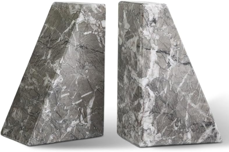 Koville Marble Bookends for Shelves, Large Bookends for Heavy Books, Natural Stone Book Stopper for Books CD Movies, Aesthetic Decorative Book Ends, Bookshelf Table Home Decor(Grey) by Koville