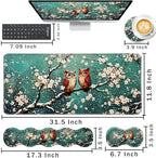 Keyboard Wrist Rest and Mouse Pad with Wrist Support Set Ergonomic Coaster,Memory Foam,Easy Typing Pain Relief,Large XL Desk Mat 31.5"x 11.8",Two Owls on Blossom Branch - Image 2