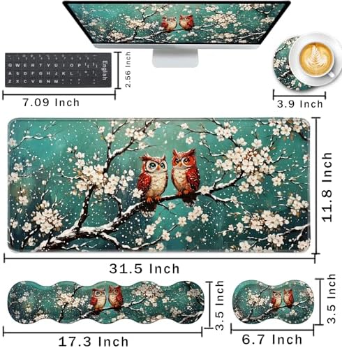 Keyboard Wrist Rest and Mouse Pad with Wrist Support Set Ergonomic Coaster,Memory Foam,Easy Typing Pain Relief,Large XL Desk Mat 31.5"x 11.8",Two Owls on Blossom Branch - Image 2