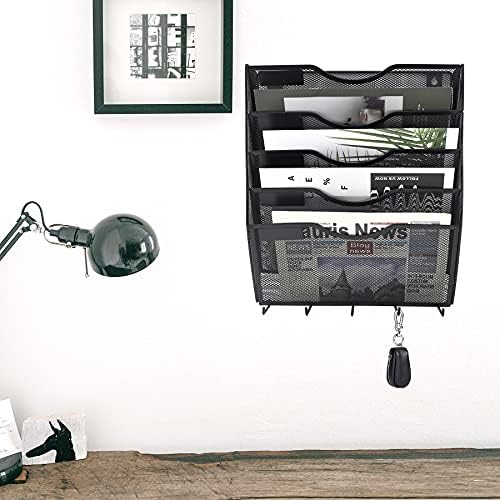 EASEPRES 5 Pocket Mesh Hanging File Organizer with Key Holder Hooks & Nametag Label, Wall Mounted Mail Paper Document Folder Clipboard Storage Organization Magazine Rack for Office Cubicle, Black - Image 2
