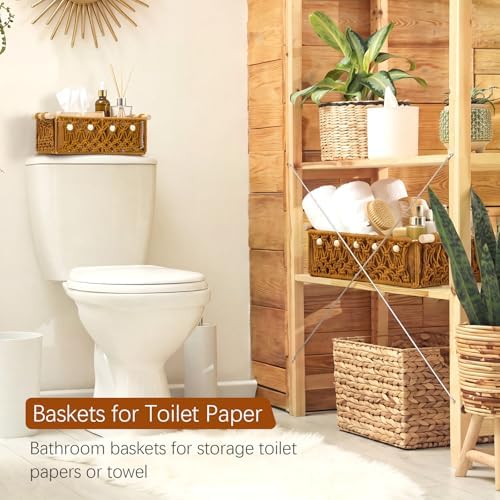 Vesici 4 Pcs Rustic Brown Macrame Storage Basket for Shelves 13 in 11 in Boho Basket Hand Woven Boxes with Wood Handles Beads Decorative Countertop Toilet Tank Cabinet Organizer for Home Room Decor - Image 5